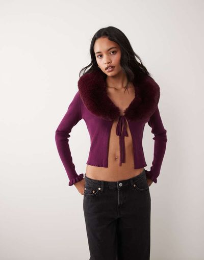 Miss Selfridge Miss Selfridge tie front cardigan with faux fur collar and cuffs in fig-Purple