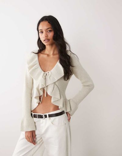 Miss Selfridge Miss Selfridge tie front cardigan with frills in cream sparkle-White
