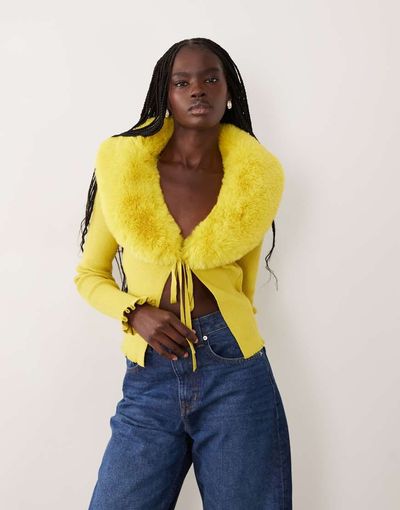Miss Selfridge Miss Selfridge tie front cardigan with fur collar and cuff in chartreuse-Green