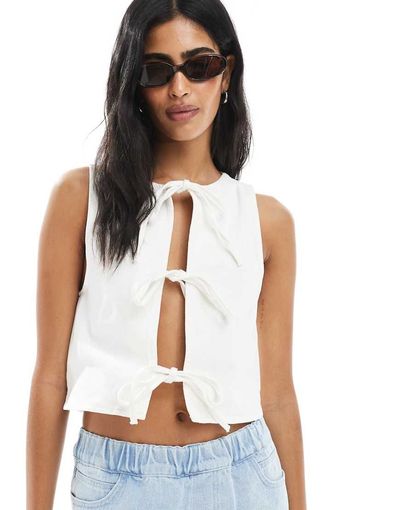 Miss Selfridge Miss Selfridge tie front denim vest in ecru-White