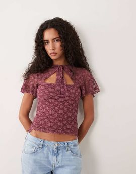 Miss Selfridge Miss Selfridge tie neck lace top with flutter sleeves in mauve-pink