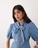 Miss Selfridge Miss Selfridge tie neck puff sleeve denim top in mid blue wash - 1