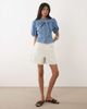 Miss Selfridge Miss Selfridge tie neck puff sleeve denim top in mid blue wash - 2