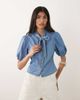 Miss Selfridge Miss Selfridge tie neck puff sleeve denim top in mid blue wash - 3