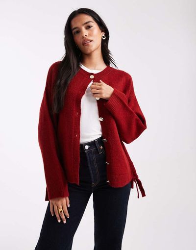 Miss Selfridge Miss Selfridge tie sides ruched cardigan in burgundy-Red
