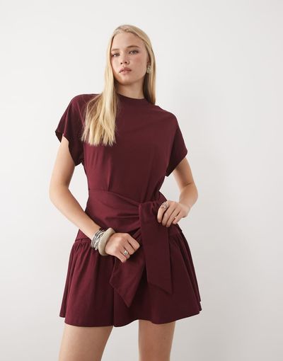 Miss Selfridge Miss Selfridge tie waisted mini dress in burgundy-RED