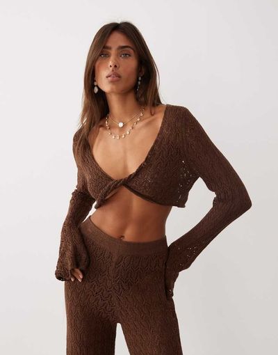 Miss Selfridge Miss Selfridge twist detail long sleeve crochet top in chocolate-Brown