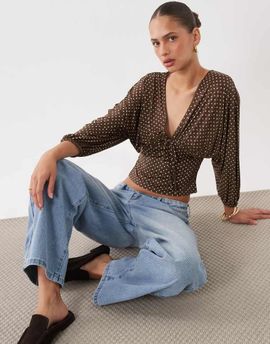 Miss Selfridge Miss Selfridge v-neck balloon sleeve top in chocolate polka dot-Brown