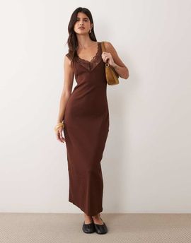 Miss Selfridge Miss Selfridge v-neck cami maxi dress with picot trim in chocolate brown