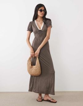 Miss Selfridge Miss Selfridge v-neck midaxi day dress with lace trim in polka dots-Brown