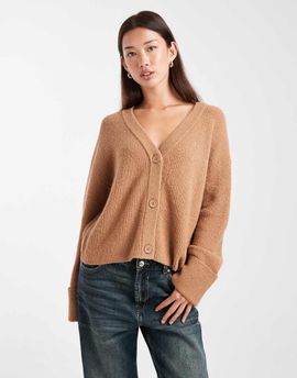 Miss Selfridge Miss Selfridge wide cuffs v neck cardigan in mocha-Brown