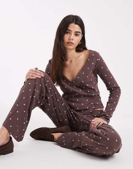 Miss Selfridge Miss Selfridge wide leg pointelle pants in chocolate polka dots - part of a set-Brown