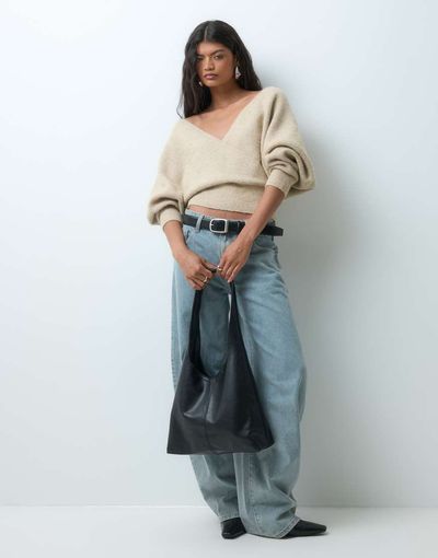 Miss Selfridge Miss Selfridge wrap batwing sweater in oatmeal-Blonde