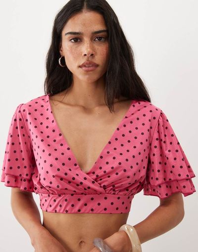 Miss Selfridge Miss Selfridge wrap frill sleeve top in pink polka dot print - part of a set