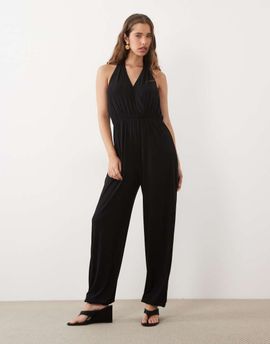 Miss Selfridge Miss Selfridge wrap jumpsuit with scallop trim in black-Green