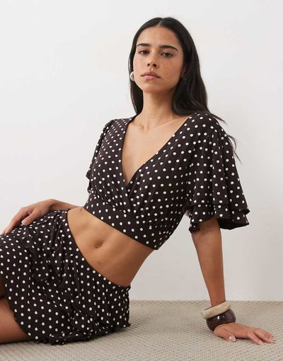 Miss Selfridge Miss Selfridge wrap ruffle sleeve top in chocolate polka dot - part of a set-Brown