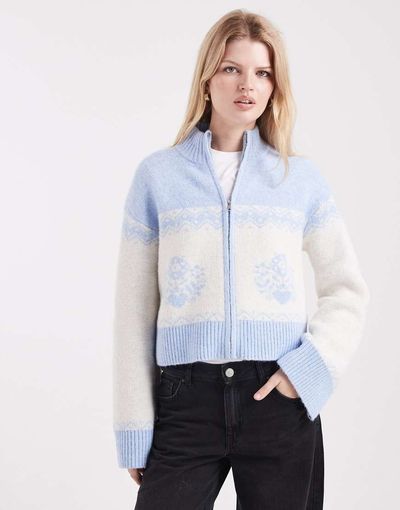 Miss Selfridge Miss Selfridge zip detail patterned cardigan in blue-Multi