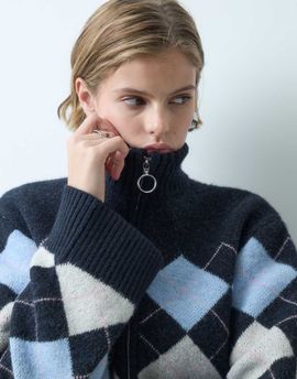 Miss Selfridge Miss Selfridge zip funnel neck argyle cardigan in navy-MULTI