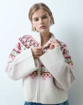 Miss Selfridge Miss Selfridge zip funnel neck cardigan with fairisle pattern-MULTI