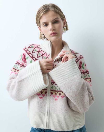 Miss Selfridge Miss Selfridge zip funnel neck cardigan with fairisle pattern-MULTI