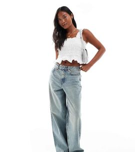 Miss Selfridge Petite Miss Selfridge Petite baggy jeans in dirty wash-Blue