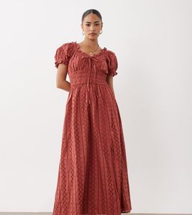 Miss Selfridge Petite Miss Selfridge Petite broderie milkmaid maxi dress in mauve-pink