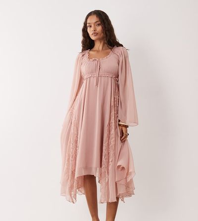 Miss Selfridge Petite Miss Selfridge Petite chiffon boho hanky hem midi dress in pink
