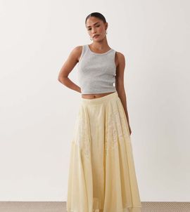 Miss Selfridge Petite Miss Selfridge Petite chiffon lace mix handkerchief hem maxi skirt in buttermilk-Yellow