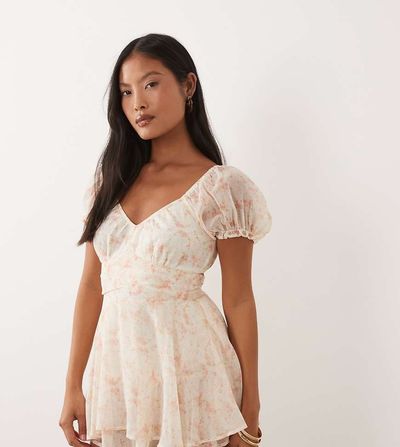 Miss Selfridge Petite Miss Selfridge Petite chiffon rara mini romper in pink print-Multi