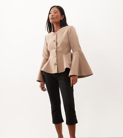 Miss Selfridge Petite Miss Selfridge Petite cinched peplum blazer with fluted sleeves in mocha-Brown