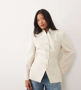Miss Selfridge Petite Miss Selfridge Petite collarless blazer in ivory-White