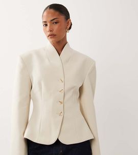 Miss Selfridge Petite Miss Selfridge Petite cropped collarless blazer in ivory-White