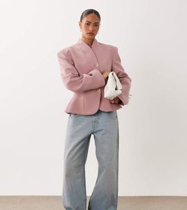 Miss Selfridge Petite Miss Selfridge Petite cropped collarless blazer in pink