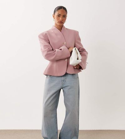 Miss Selfridge Petite Miss Selfridge Petite cropped collarless blazer in pink