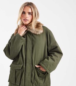 Miss Selfridge Petite Miss Selfridge Petite faux fur collar parka in khaki-Green