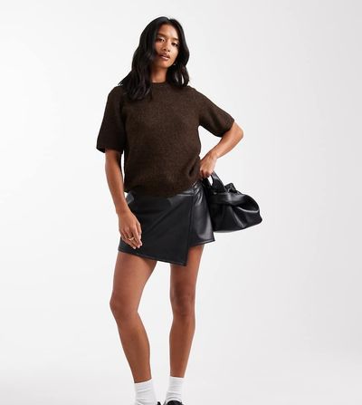 Miss Selfridge Petite Miss Selfridge Petite faux leather skort in black