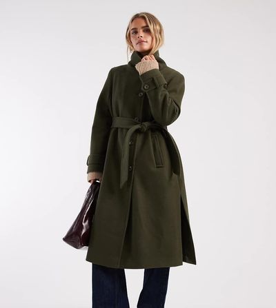 Miss Selfridge Petite Miss Selfridge petite formal funnel coat in khaki-Green