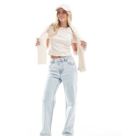 Miss Selfridge Petite Miss Selfridge Petite heart pocket straight leg jeans in ice bleach wash-Blue
