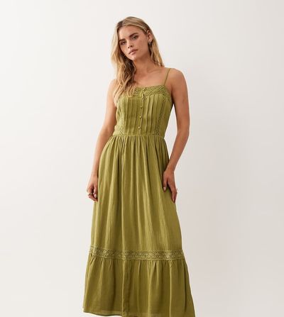 Miss Selfridge Petite Miss Selfridge Petite lace insert maxi dress in olive-Green