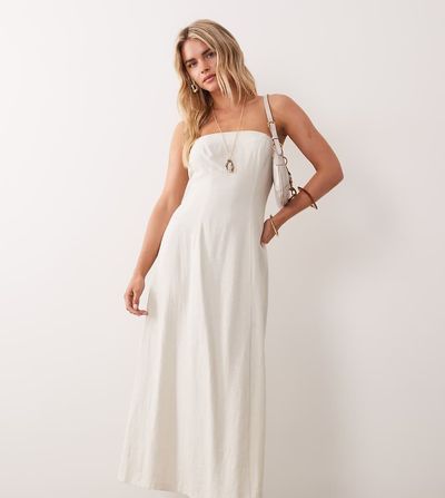 Miss Selfridge Petite Miss Selfridge Petite linen blend bandeau maxi dress in stone-Neutral