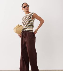 Miss Selfridge Petite Miss Selfridge Petite linen blend wide leg pants in chocolate-Brown
