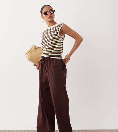Miss Selfridge Petite Miss Selfridge Petite linen blend wide leg pants in chocolate-Brown