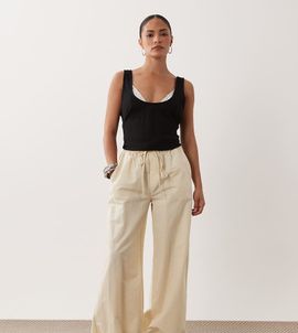 Miss Selfridge Petite Miss Selfridge Petite linen blend wide leg pants in ivory-White