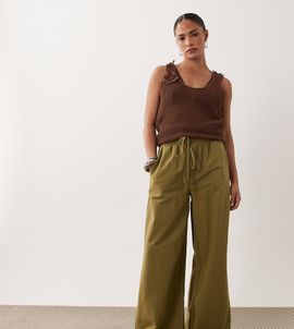 Miss Selfridge Petite Miss Selfridge Petite linen blend wide leg pants in olive-Green