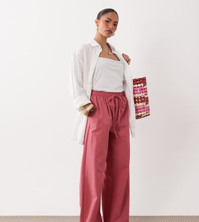 Miss Selfridge Petite Miss Selfridge Petite linen blend wide leg pants in raspberry-pink