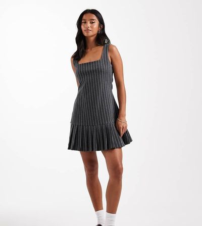 Miss Selfridge Petite Miss Selfridge petite pinstripe pinny dress with drop waist pleated hem-Gray