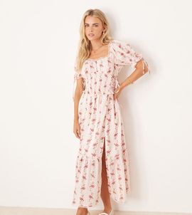 Miss Selfridge Petite Miss Selfridge Petite printed milkmaid corset detail maxi dress in vintage floral-pink