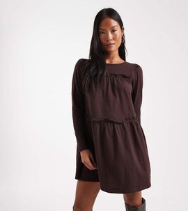Miss Selfridge Petite Miss Selfridge Petite ruffle smock mini dress in chocolate-Red