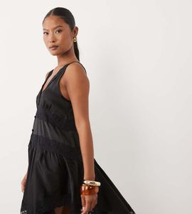 Miss Selfridge Petite Miss Selfridge Petite satin handkerchief hem mini dress with lace inserts in black