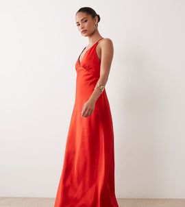 Miss Selfridge Petite Miss Selfridge Petite satin tie back maxi dress in red